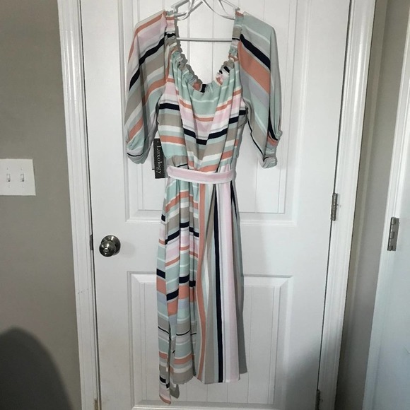 Luxology Off the Shoulder Green, Orange and Pink Striped Dress, NWT, Size XL - Picture 2 of 6
